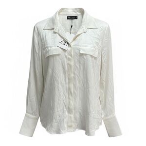 Women’s Zara White Satin Pocket Button Down Shirt Blouse Size XL NWT